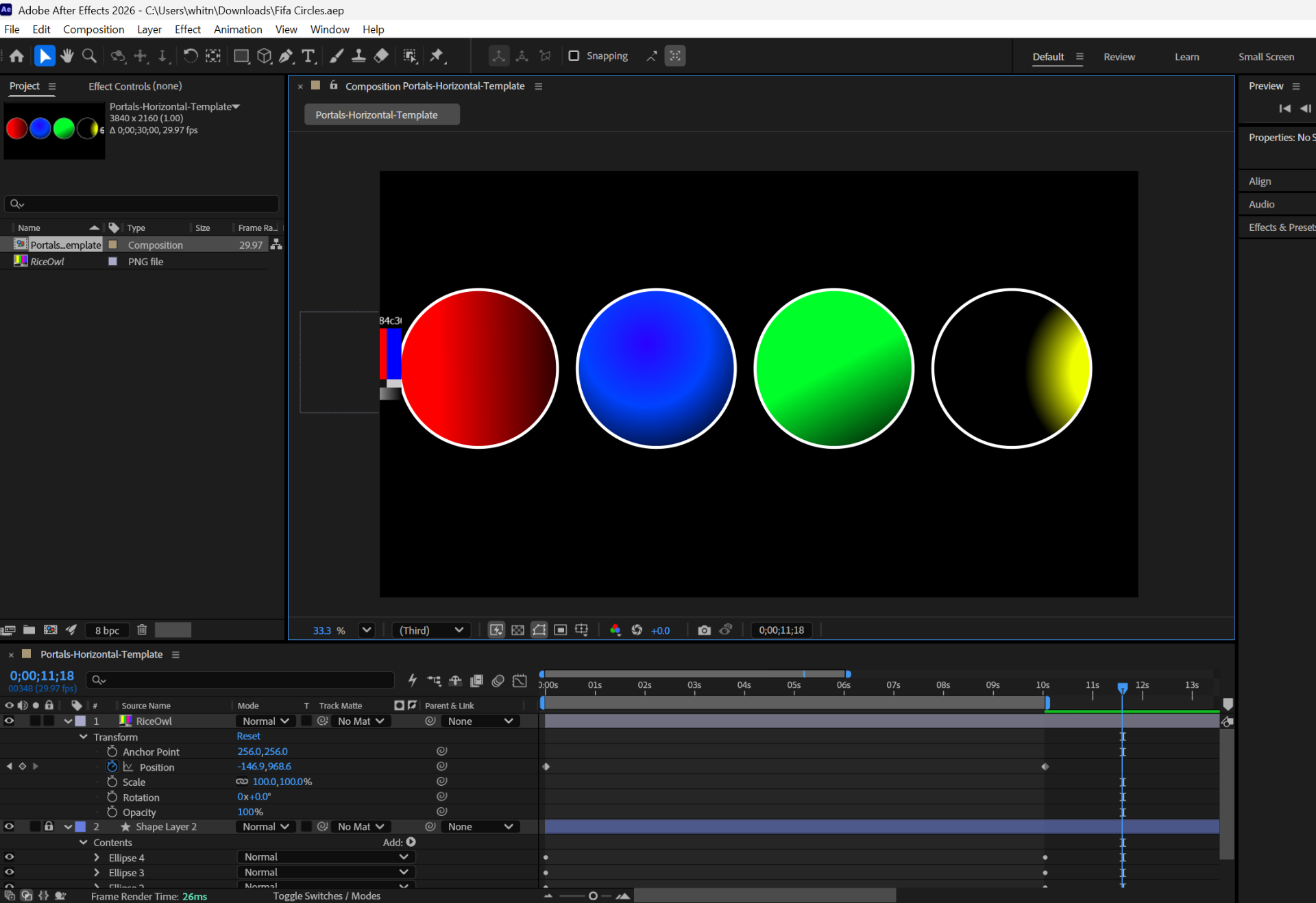 After Effects template showing four circular placeholders mapped for projection